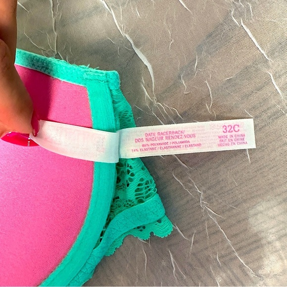 3/$20💥 Victoria’s Secret PINK Bra Teal Blue Lace Date Racerback Padded Push Up - Picture 10 of 14